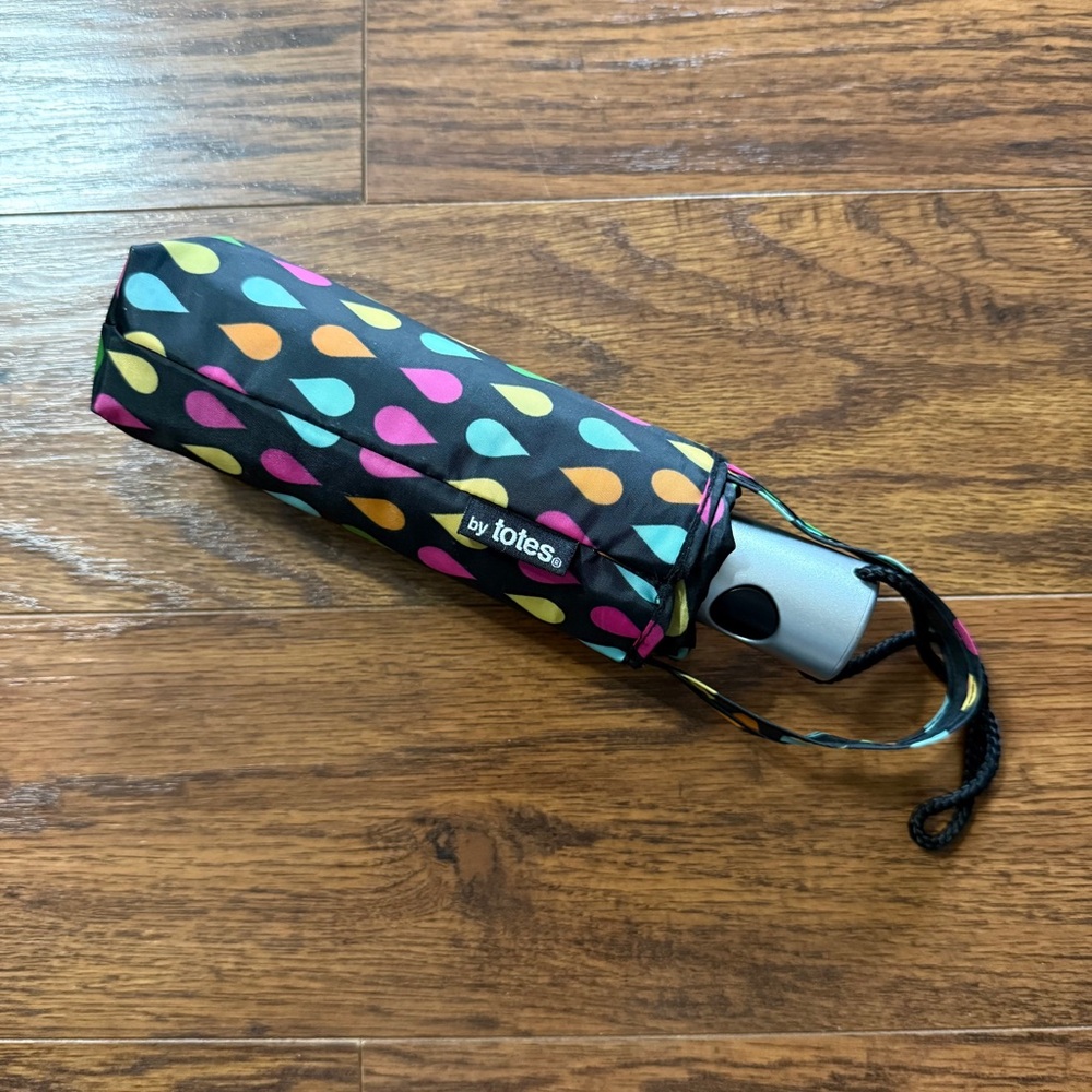Totes Multicolor Raindrop Print Water Resistant Travel Folding Umbrella
